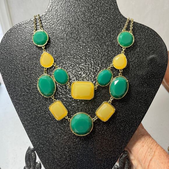 Anna & Ava 2-strand Statement Necklace Gold tone Chain Yellow Green 17-20 Inches - Picture 1 of 3